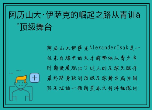 阿历山大·伊萨克的崛起之路从青训到顶级舞台
